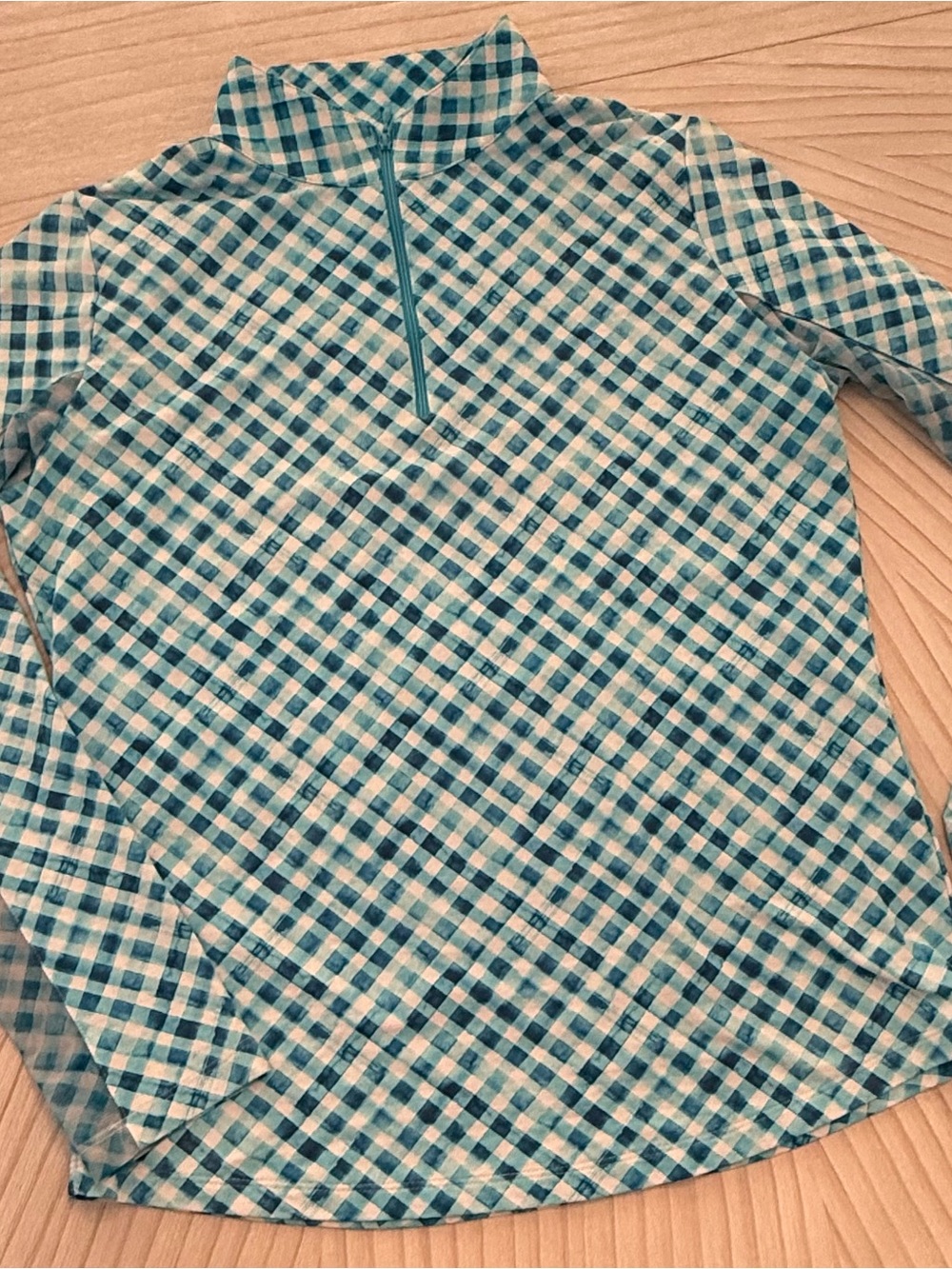 IBKUL Aqua and White Plaid Long Sleeve Performance Top